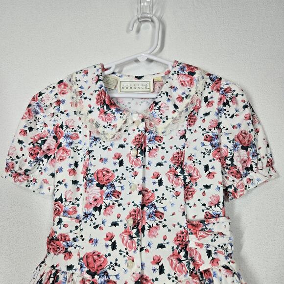 VTG Country Romance Dress Girls sz 6 White Multi Floral Fit & Flare Lace Edging - Picture 2 of 16